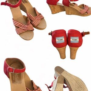 Toms Red Striped Canvas Cork Wedge Sandals